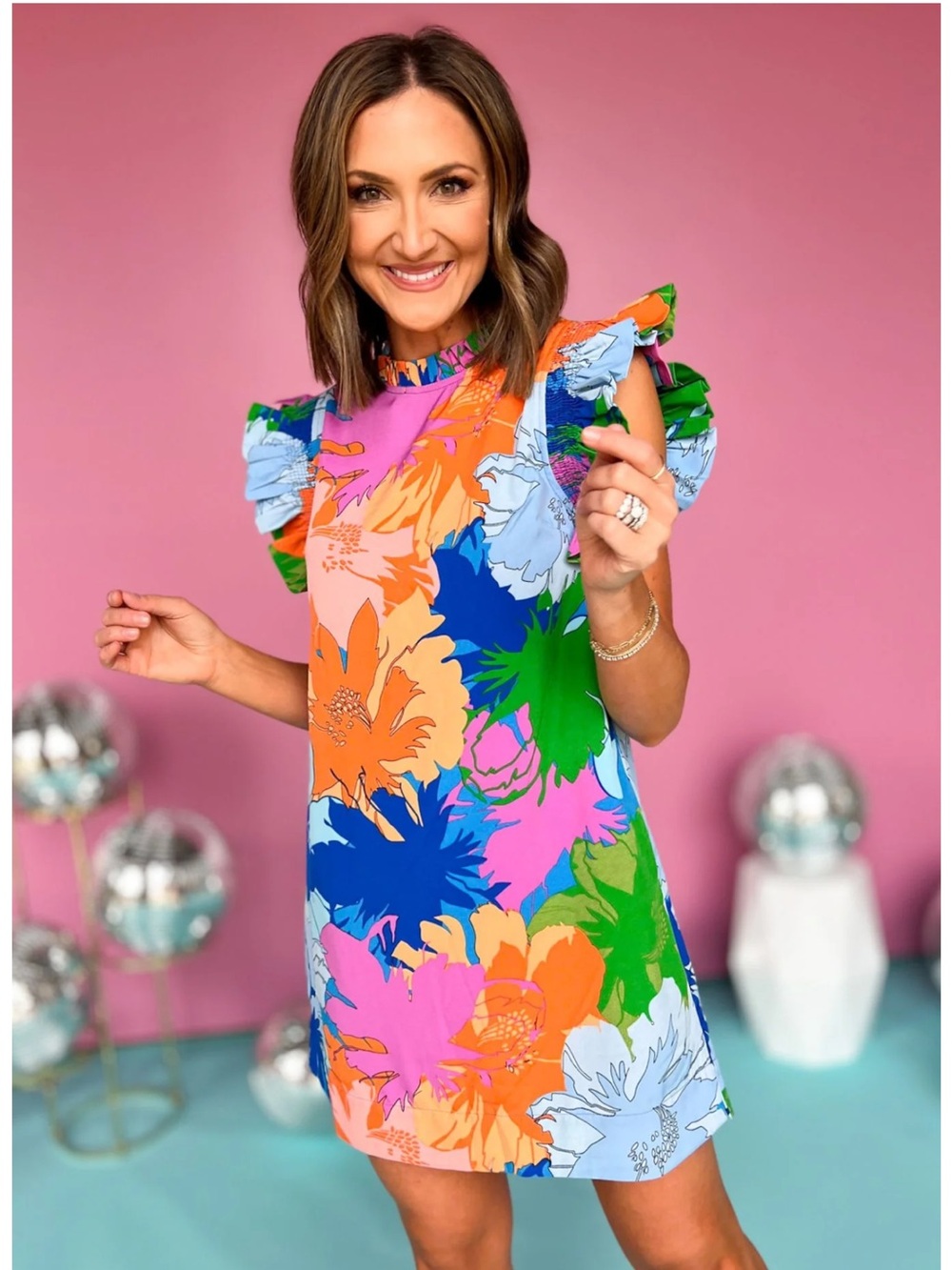 JODIFL Floral Ruffled Cap Sleeve Shift Dress, Size Small